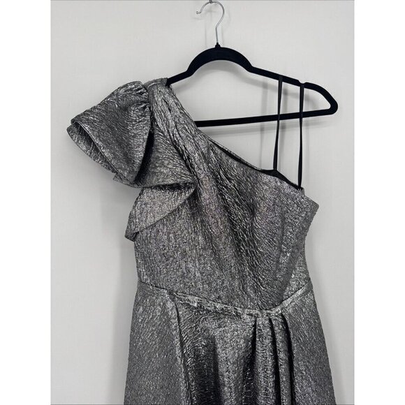 MAC DUGGAL Size 6 Silver Metallic One SHOULDER BOW MIDI BROCADE DRESS 67906 New - Picture 5 of 10